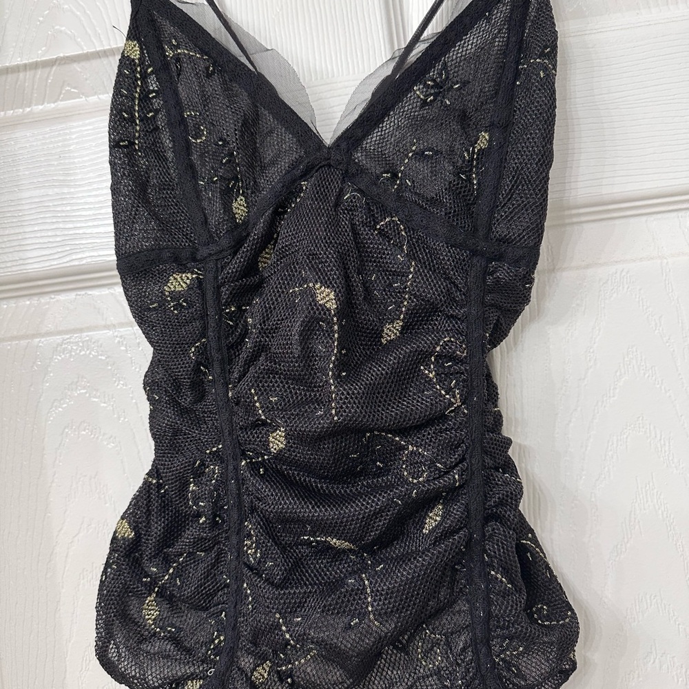 Free People Black Gold Metallic Ruched Meah Tank Top XS